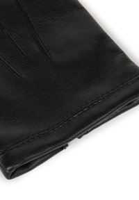 Black leather glove with a smooth texture, featuring distinct stitching and three finger seams, folded at the wrist for a secure fit.
