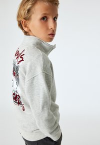 Grå pullover sweatshirt med høj krave, der har et grafisk design og tekst på ryggen. Glat tekstur og afslappet pasform.