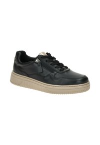 Zwarte leren sneaker met een beige rubberen zool, voorzien van een ritssluiting aan de voorkant en veters, een ronde neus en textuuraccenten op de bovenkant.