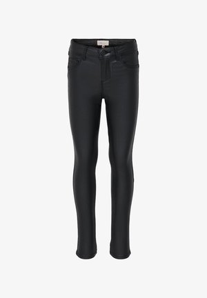 Schwarze Kunstleder-Skinny-Hosen für Kinder mit Knopf- und Reißverschluss vorn sowie Gürtelschlaufen.