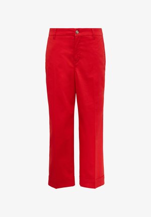 Rode katoenen broeken met een rechte pijp ontwerp, voorzien van een sluiting met een voorste knoop, twee zijzakken en een omgeslagen onderkant.