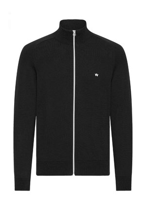 Black zip-up sweater with high collar, ribbed hem and cuffs, made from textured fabric. Features a small white logo on the chest.