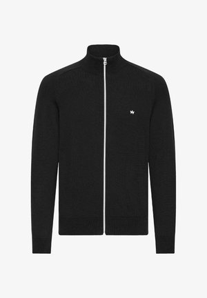 Black zip-up sweater with high collar, ribbed hem and cuffs, made from textured fabric. Features a small white logo on the chest.
