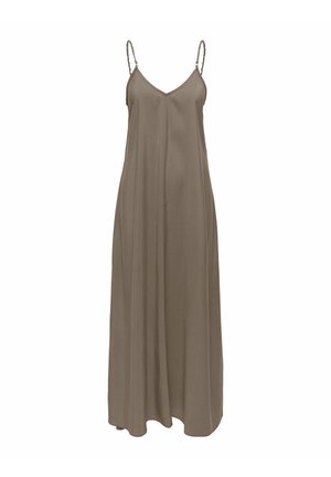 Ujjatlan, hosszú, taupe színű csúszóruha fonott spagetti pántokkal és V-nyakkivágással.
