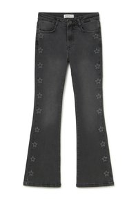 Jean flare en denim noir ornés d'étoiles en métal argenté le long des coutures extérieures, avec cinq poches et une taille classique.