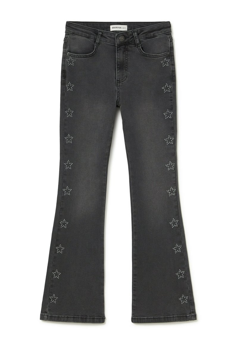 Jean flare en denim noir ornés d'étoiles en métal argenté le long des coutures extérieures, avec cinq poches et une taille classique.