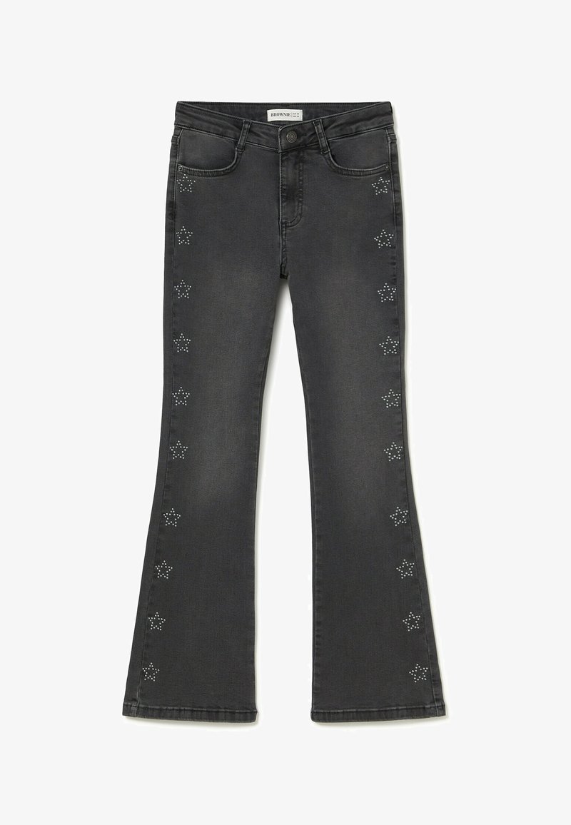 Jean flare en denim noir ornés d'étoiles en métal argenté le long des coutures extérieures, avec cinq poches et une taille classique.