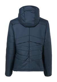 Veste rembourrée bleu marine avec capuche, dotée d'un motif en chevrons et de poignets élastiques. Le matériau semble lisse et rembourré pour plus de chaleur.