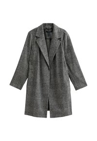 Cappotto a scacchi grigio con rever a punta, vestibilità morbida e maniche lunghe. Realizzato in un tessuto testurizzato con una silhouette strutturata.