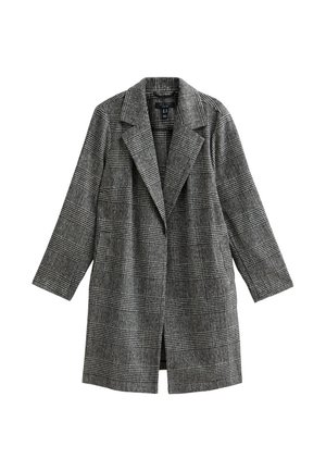 Grijze geruite overjas met een notch lapel, relaxte pasvorm en lange mouwen. Gemaakt van een gestructureerde stof met een strakke silhouette.