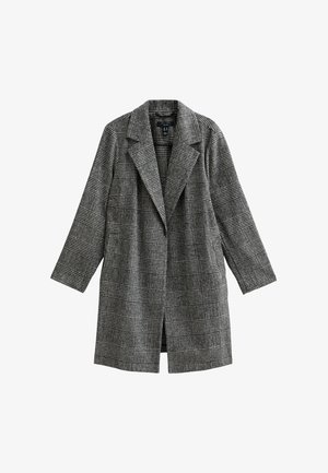 Manteau en tartan gris avec un col à revers, coupe décontractée et manches longues. Fabriqué à partir d'un tissu texturé avec une silhouette structurée.