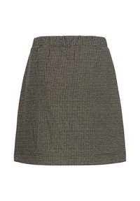 Sorte og hvide ternede nederdel med elastisk talje, lige snit og struktureret stof. Ingen lommer eller synlige lukkemidler.