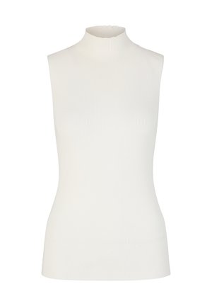Witte geribbelde mouwloze coltrui met een golvende halslijn, met een aansluitende pasvorm en een soepele, elastische textuur.