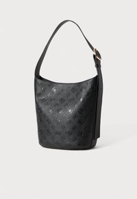 Black leather shoulder bag with a textured surface, embossed pattern, single strap, and a gold-tone ring accent on the strap.