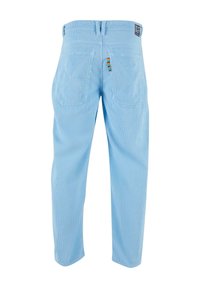 Blue corduroy pants with a straight cut, featuring two back pockets and a multicolored accent tag. Vertical ribbed texture visible.