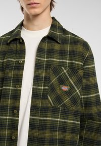 Een jonge persoon modelleert een groen en marineblauw ruitjes flanellen shirt over een wit T-shirt, met een patchlogo op de borstzak.