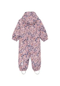 Giubbotto per neonati con cappuccio, a maniche lunghe, con motivo floreale rosa, polsini elastici, cinturini alla caviglia e vita arricciata sul retro.