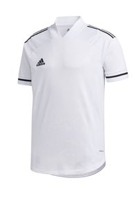 Hvid atletisk trøje med v-udskæring, sorte detaljer på skuldre og ærmer samt et adidas-logo på øverste venstre bryst. Struktureret stof.