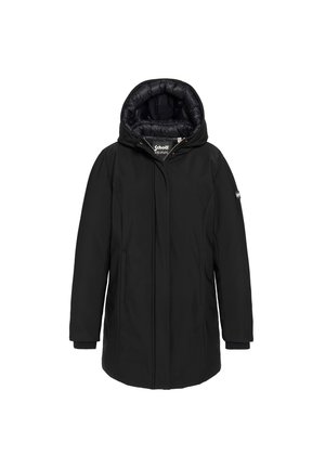 Manteau d'hiver noir isolé avec capuche matelassée, fermeture éclair intégrale à l'avant, deux poches latérales et manches longues.