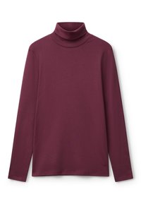 Maglione a maniche lunghe bordeaux con collo alto realizzato in tessuto morbido, con un design aderente e una texture liscia senza ulteriori decorazioni.