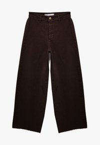 Jeans de pierna ancha marrones hechos de denim, con una cintura alta, cierre frontal de botones y dobladillo deshilachado.