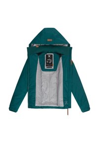 Žalsvas švarkas su gobtuvu, pilka pamušalu, elastingomis rankogaliais ir priekinio užtrauktuko užsegimu. Vidinėje pusėje yra etiketė su dizainais ir logotipais.