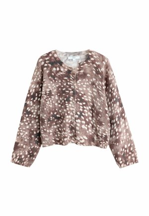 Knopfbarer Cardigan mit langen Ärmeln in braun-beigem gesprenkeltem Muster, das an Tierdruck erinnert.