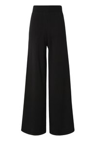 Pantalon noir à jambes larges avec ceinture élastique, longueur totale, design uni, présenté sur fond blanc.
