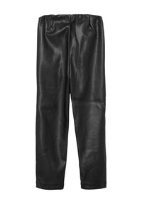 Zwarte leren broek met een gladde textuur, elastische tailleband en een recht model. Heeft een eenvoudige, minimalistische stijl zonder versieringen.