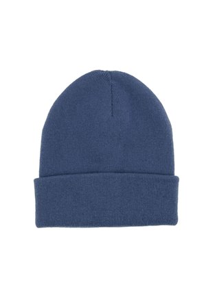 Navy blue knitted beanie with folded cuff, seamless design, and ribbed texture against white background.