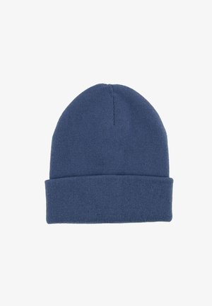 Navy blue knitted beanie with folded cuff, seamless design, and ribbed texture against white background.