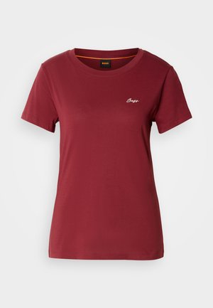 Burgundy short-sleeve t-shirt made of soft cotton, featuring a round neckline and a small white "Boss" logo on the chest.