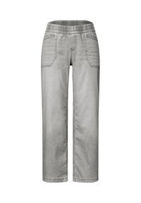 Pantalon large gris en tissu denim, avec une taille élastique, des poches avant et une finition lisse légèrement texturée.