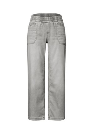 Pantaloni larghi grigi realizzati in denim, con vita elastica, tasche frontali e una finitura liscia e leggermente testurizzata.