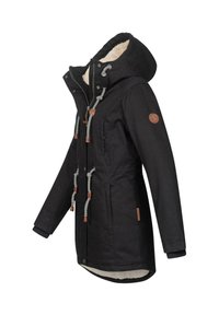 Zwarte parka-jack met een nep bont voering, verstelbare trekkoorden, ruime zakken en leren accenten op de capuchon en zoom.