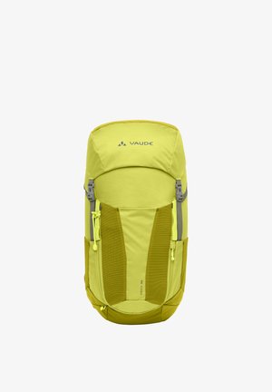 Sac à dos de randonnée Vaude Brenta 30 jaune vif avec poches latérales, panneaux en maille à l'avant et sangles de compression supérieures.
