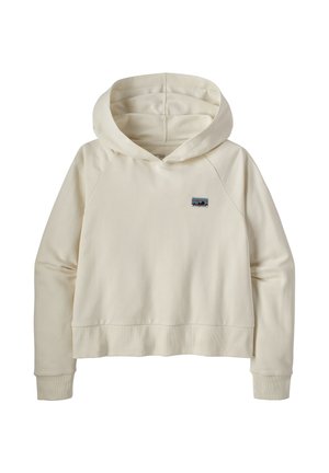 Sudadera recortada de color crema con capucha ajustable, mangas raglán y un pequeño logo de montaña. Tejido suave y liso con puños acanalados.