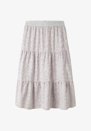Φούστα μέσης μήκους με επίπεδα στρώματα, ανοιχτό γκρι animal print και λαμπερή ασημένια ελαστική μέση, μαλακό ύφασμα και ραφές με πιέτες.