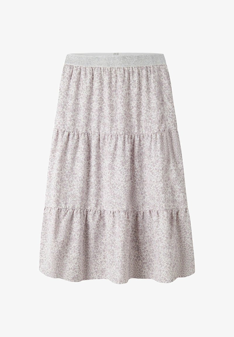 Jupe midi à volants avec imprimé animalier gris clair et taille élastique argentée scintillante, tissu doux et coutures froncées.