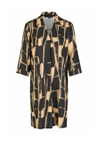 Schwarzer und beigefarbener Kimono-Rob mit geometrisch-abstraktem Muster, dreiviertel Ärmel und lässiger Passform. Glatte Stofftextur.