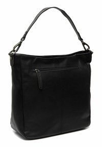 Zwarte leren schoudertas met een gladde textuur, enkele schouderband, zijvak met rits en subtiele stikdetails aan de voorkant.