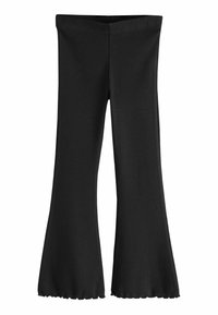 Svarta ribbade flare leggings med en mjuk textur och scallopdetaljer i nederkanten. Designade för att sitta tight runt midjan, med en bred benöppning.
