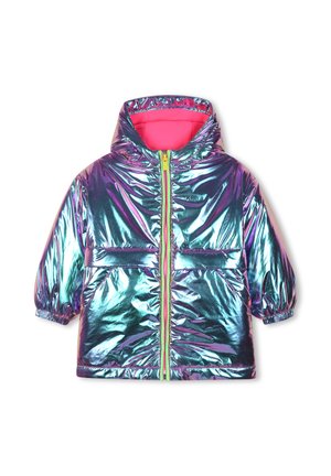 Doudoune métallisée brillante violet-bleu à capuche pour enfants avec doublure rose et fermeture éclair jaune-vert sur fond blanc.
