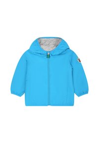 Giacca blu chiaro con zip e cappuccio, polsini elasticizzati e foderata in grigio. Presenta un piccolo logo sulla manica sinistra. Tessuto liscio, resistente all'acqua.