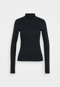Black long-sleeve ribbed turtleneck sweater with fitted silhouette on a plain light background.