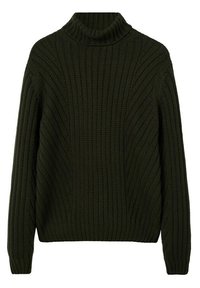 Donkergroene geribbelde coltrui met een ontspannen pasvorm, lange mouwen en een gestructureerd breipatroon. Zachte stof met een opvouwbare kraag.