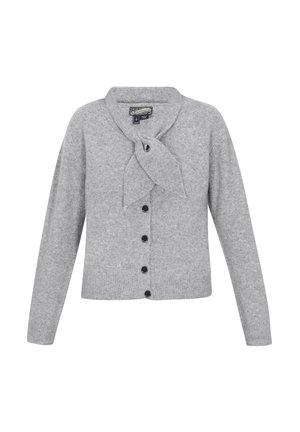 Sivý kardigán vyrobený z pletenej látky, s dlhými rukávmi, krkom na viazanie a čiernymi gombíkmi na zapínanie vpredu.