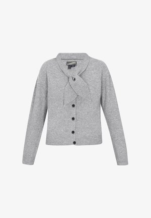 Hallux cardigan, mis on valmistatud kudumisest, pikkade varrukatega, sidumisekaelusega ja mustade nupuga ees.