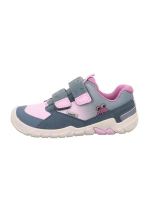 Children's athletic shoe in blue, pink, and white. Features two Velcro straps, suede and mesh material, textured sole, and frog design detail.