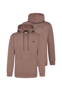 Bruine hooded sweatshirt van zachte stof, met een voorzak, verstelbare trekkoorden en minimalistische grafische details op de achterkant.